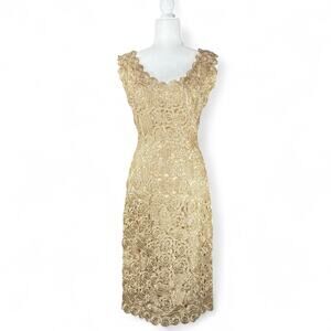 Vintage Raffia Crochet Sheath Dress Woven Italian Tan Lined Scalloped 1950s S 6